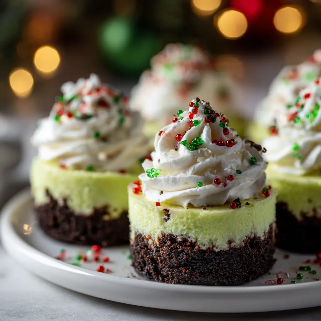 A batch of freshly baked Grinch Mini Cheesecakes cooling on a wire rack before decoration.
