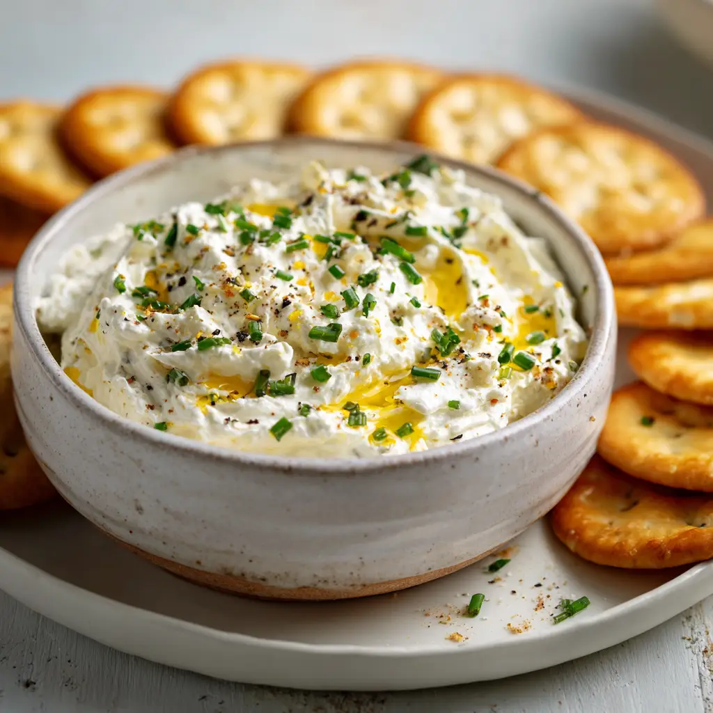 A person spreading homemade garlic and herb cheese on a cracker, demonstrating the perfect creamy consistency.