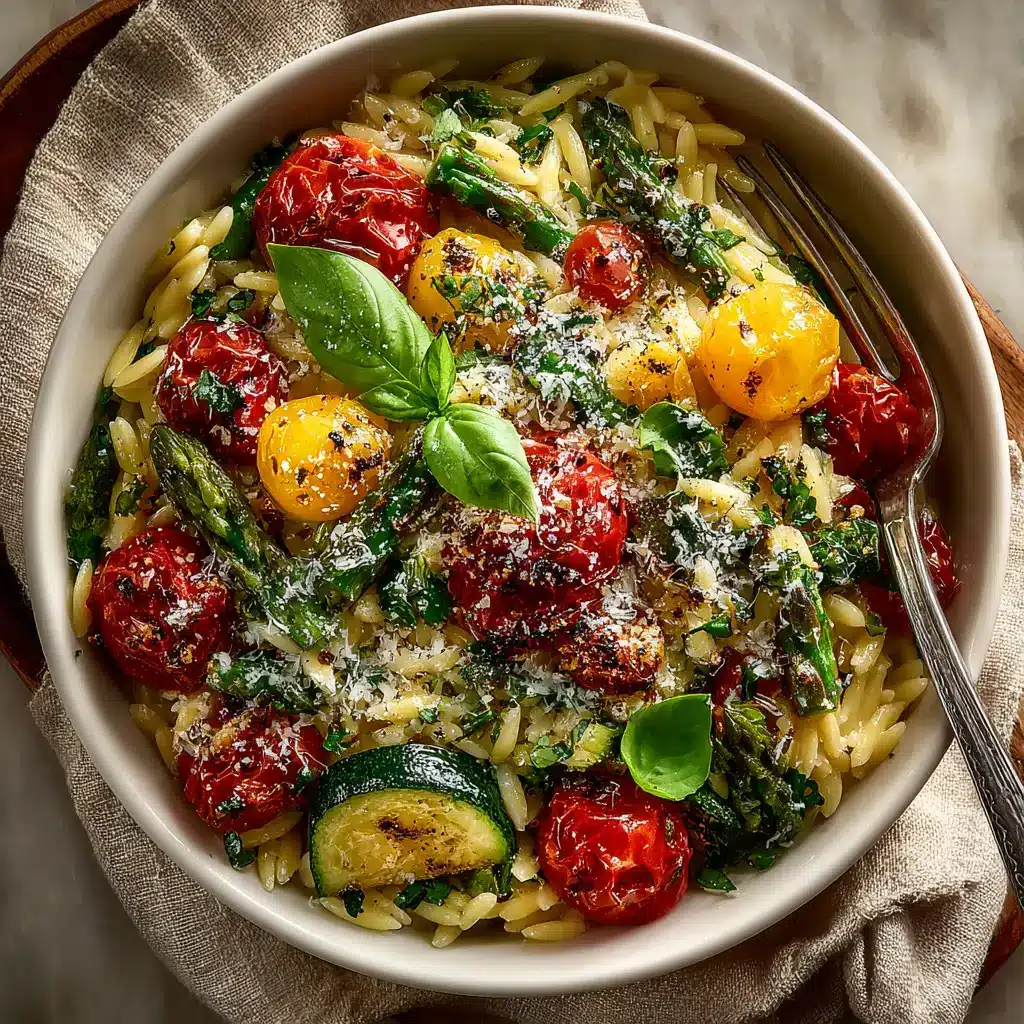 Orzo Primavera: A Fresh & Easy One-Pan Meal 1 A close-up serving of creamy lemon orzo primavera in a rustic bowl. The pasta is garnished with fresh dill and grated parmesan cheese.