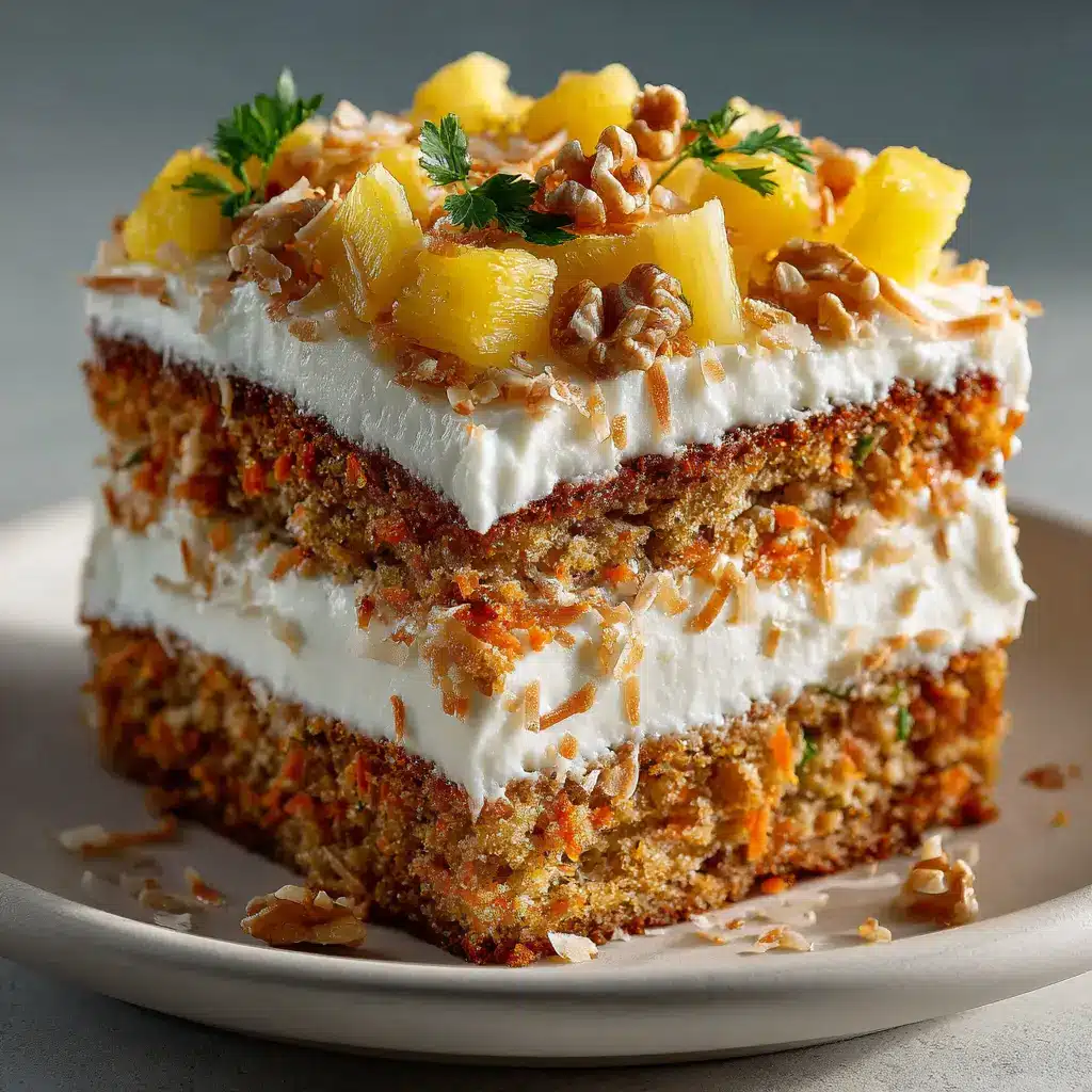 The full two-layer pineapple carrot cake on a cake stand, decorated with swirls of cream cheese frosting.