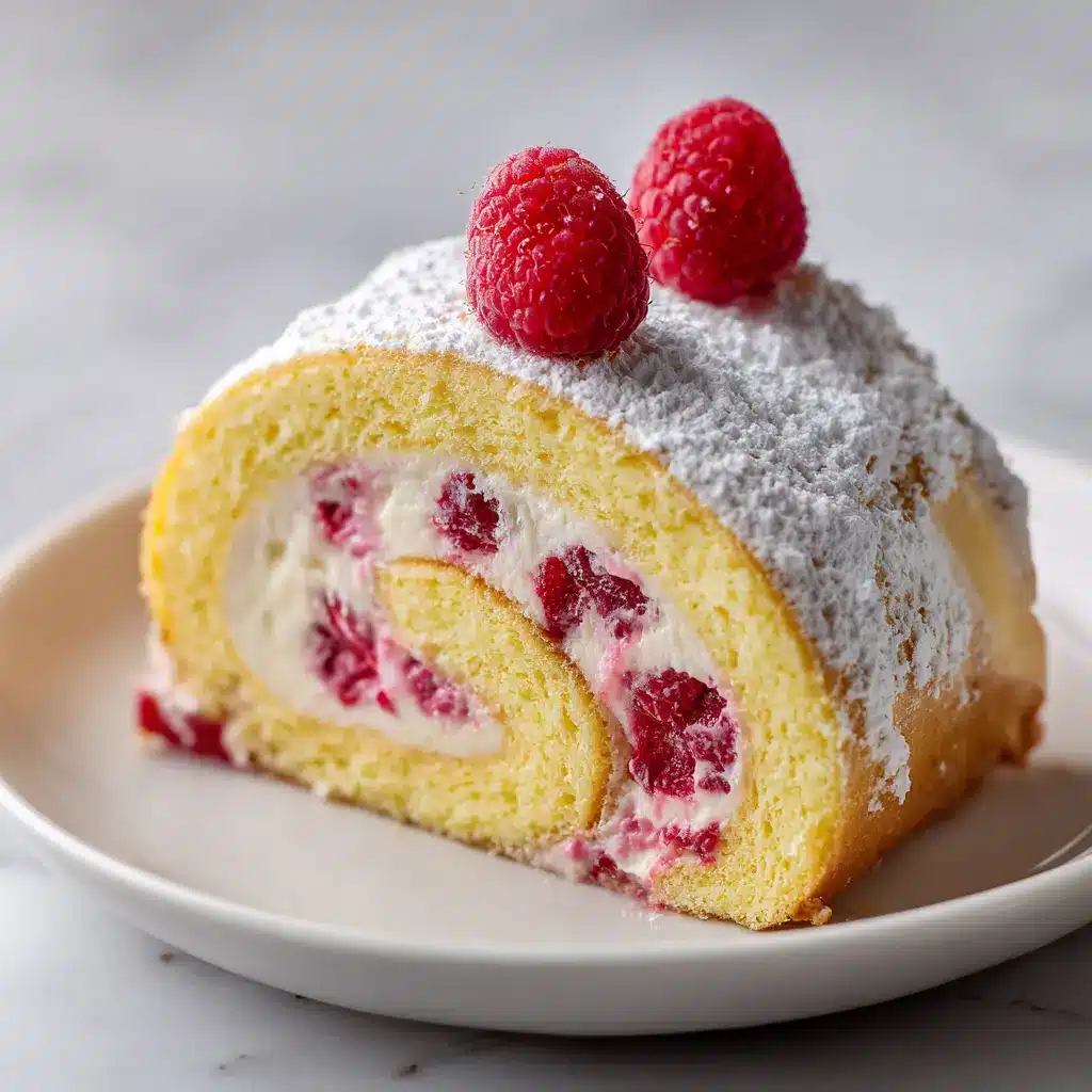 Lemon Raspberry Cake Roll: A Bright, Swirled Spring Dessert 1 A step-by-step process shot showing the sponge cake being rolled up in a powdered sugar-dusted towel.