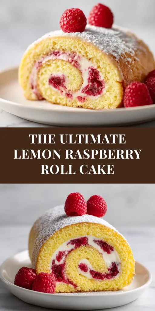 Lemon Raspberry Cake Roll: A Bright, Swirled Spring Dessert 4 A perfect slice of Lemon Raspberry Cake Roll on a white plate, showing a beautiful swirl of yellow cake and white cream filling dotted with red raspberries. The cake roll is dusted with powdered sugar.