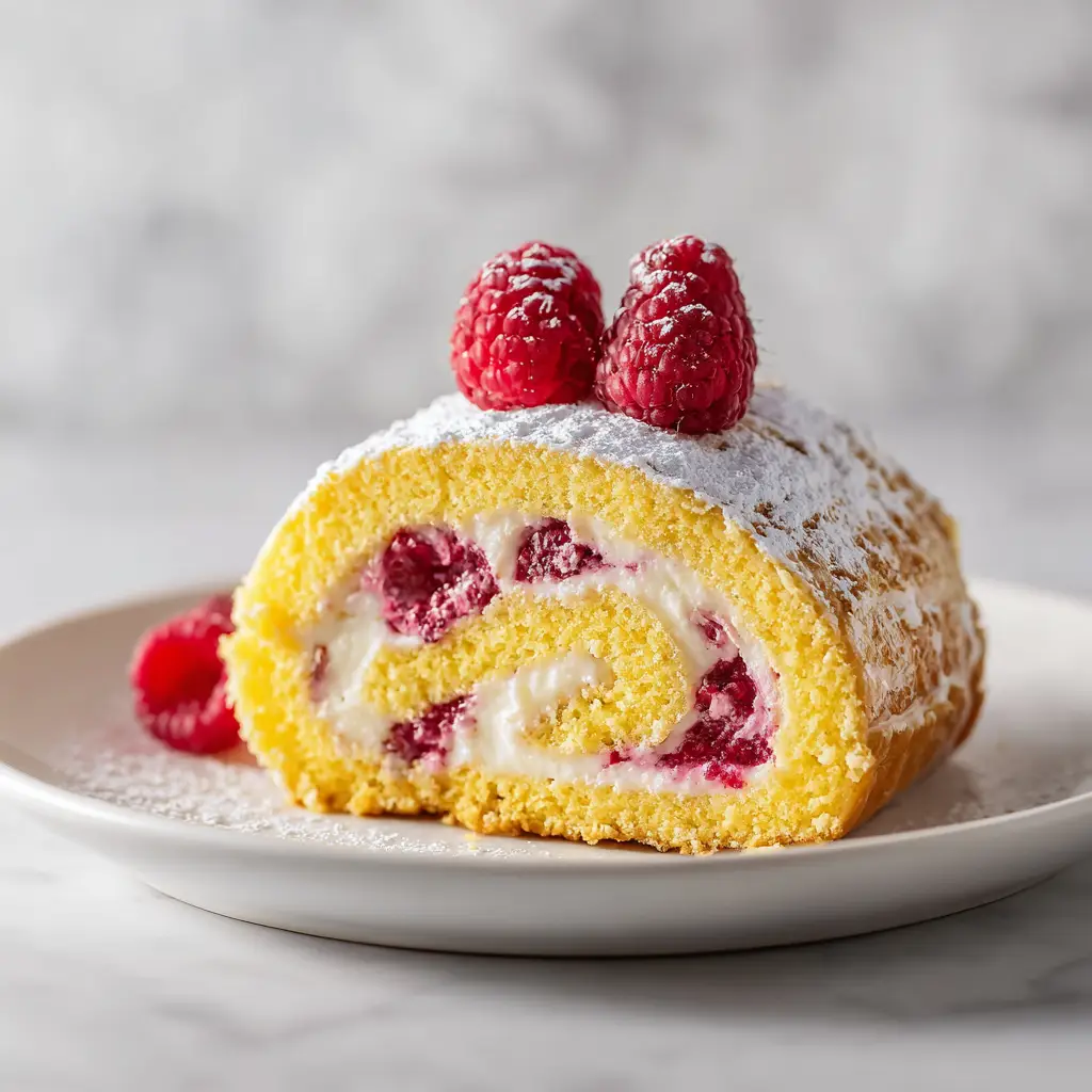 Lemon Raspberry Cake Roll: A Bright, Swirled Spring Dessert 2 A beautiful overhead shot of the entire lemon raspberry swiss roll on a serving platter, garnished with fresh lemons and raspberries.