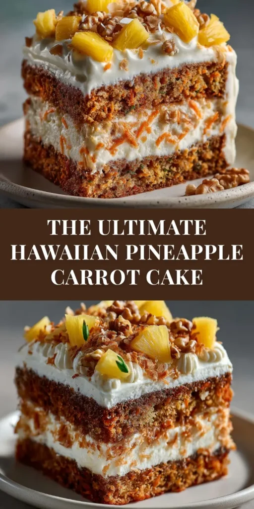 A tall slice of moist pineapple carrot cake with thick cream cheese frosting on a white plate, with the rest of the cake in the background.