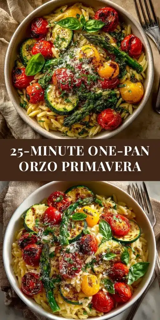 Orzo Primavera: A Fresh & Easy One-Pan Meal 4 A vibrant bowl of Orzo Primavera, filled with fresh spring vegetables like asparagus and peas, tossed in a creamy lemon parmesan sauce. The perfect easy one-pan meal.