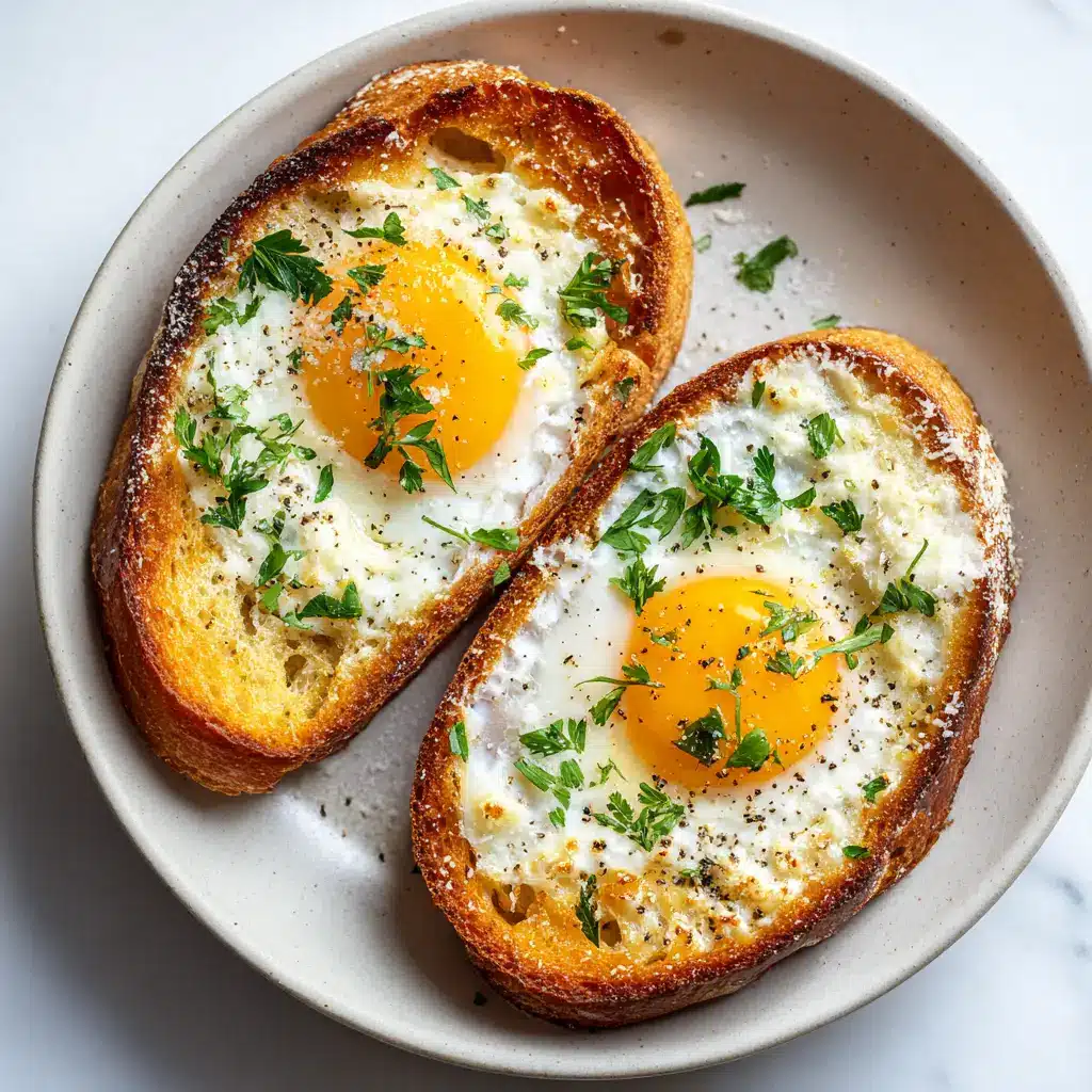 Two slices of air fryer egg in a hole on a dark surface, showing the perfectly cooked egg whites and runny yolks before being served.