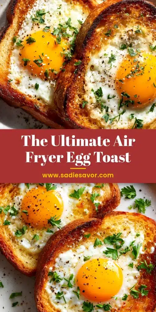A perfectly cooked air fryer egg toast on a plate, featuring a runny golden yolk nestled in crispy, golden-brown toast, garnished with fresh chives.
