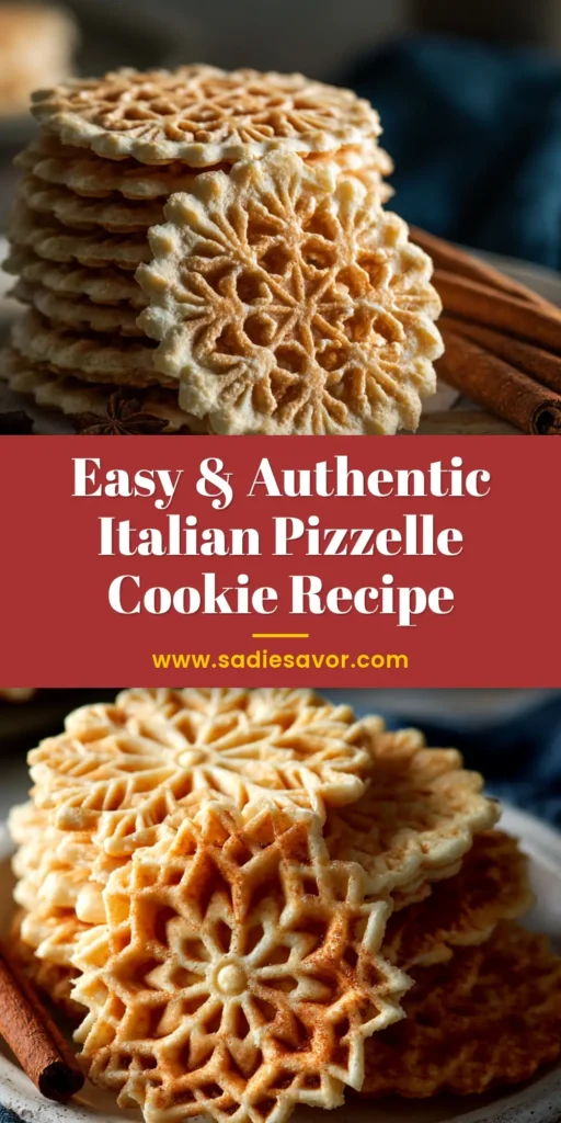 A beautiful overhead shot of traditional Anise Pizzelle cookies stacked on a plate, with a title overlay that reads 'Crispy Anise Pizzelle Recipe'.