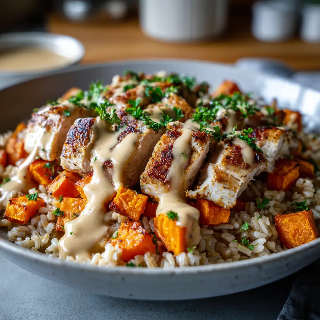 Assembling the Chicken and Sweet Potato Bowl with fresh avocado and a zesty lime dressing being drizzled on top.