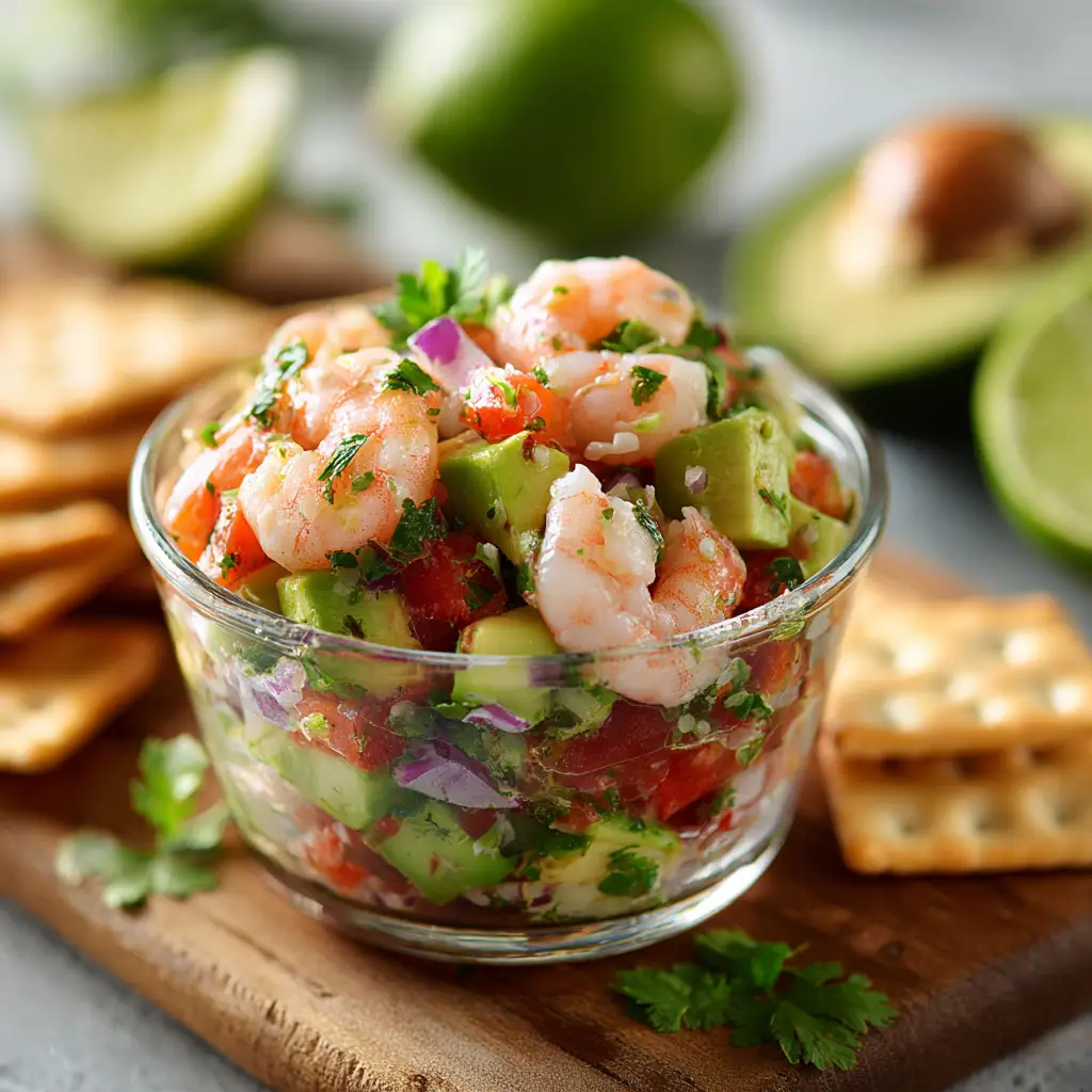 A close-up view of the key ingredients for avocado shrimp ceviche, including fresh shrimp, limes, cilantro, and jalapeño, ready to be prepared.