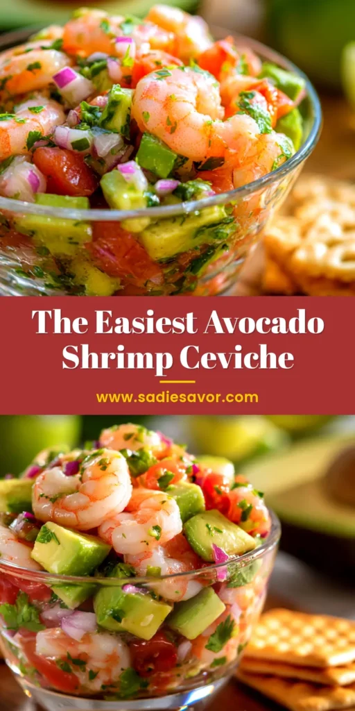 A bright and colorful bowl of fresh avocado shrimp ceviche, garnished with cilantro and served with tortilla chips. The perfect easy and healthy appetizer recipe.