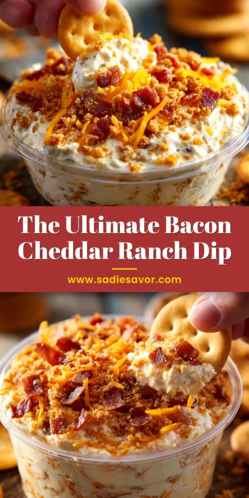 A shareable image of the ultimate Bacon Cheddar Ranch Dip, a creamy and cheesy appetizer perfect for parties, with text overlay for Pinterest.