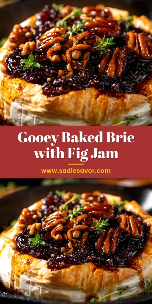 A delicious wheel of Baked Brie with Fig Jam, topped with walnuts and fresh rosemary, ready to be served as an easy, elegant appetizer.