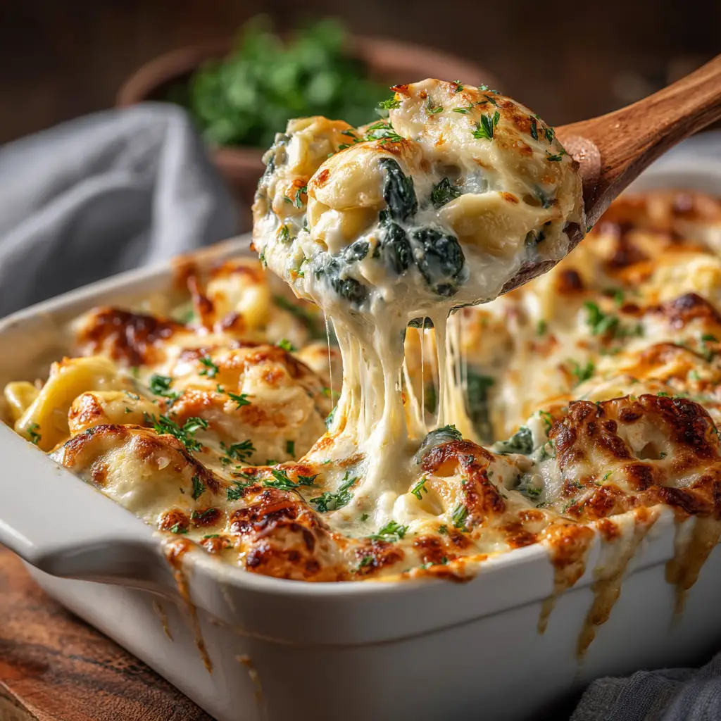 The finished chicken tortellini bake in a casserole dish, garnished with fresh parsley.