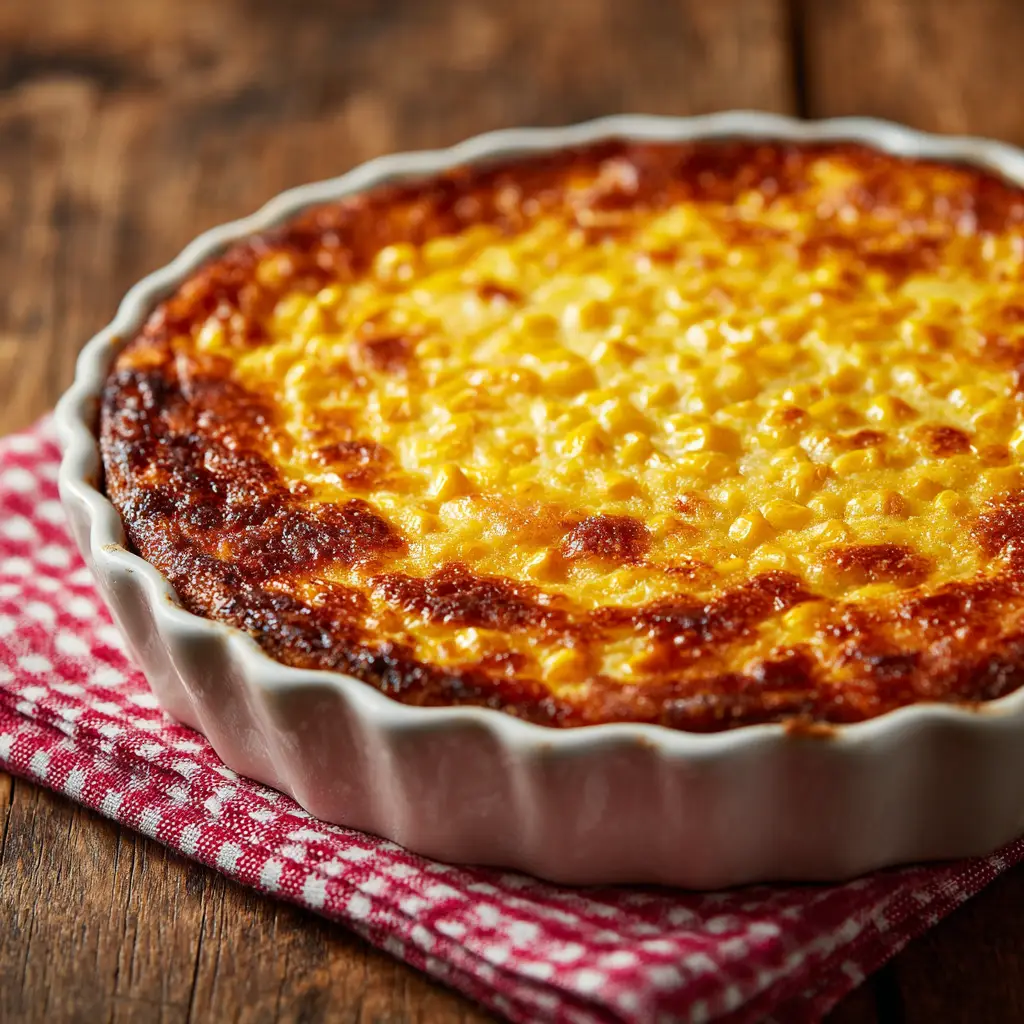 A slice of baked corn pudding served on a plate, emphasizing its moist, custard-like interior. A perfect example of a Southern corn pudding side dish.