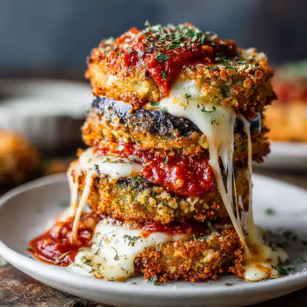 A full baking dish of assembled baked eggplant parmesan, ready for its final bake. The dish shows layers of crispy eggplant, marinara sauce, and is topped with shredded mozzarella.