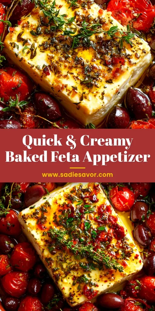 An overhead shot of a creamy baked feta appetizer in a white dish, topped with fresh herbs. The title 'Baked Feta Appetizer' is written in a clear, bold font.