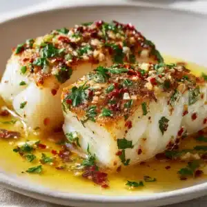 Two fillets of baked garlic butter cod served on a plate with roasted asparagus. The fish is flaky and topped with fresh herbs.