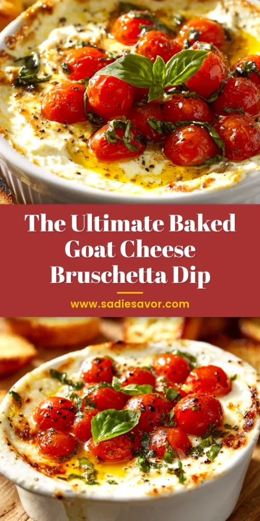 Baked Goat Cheese Bruschetta Dip with Balsamic Glaze 3 A shareable pin image for Baked Goat Cheese Bruschetta Dip, showing the creamy baked goat cheese topped with fresh tomatoes and basil, served in a skillet with crostini.