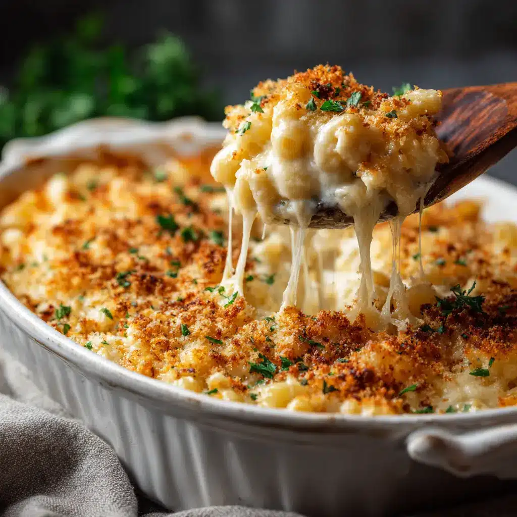 A corner shot of the baked mac and cheese in a casserole dish, emphasizing the crispy panko and parmesan crust.
