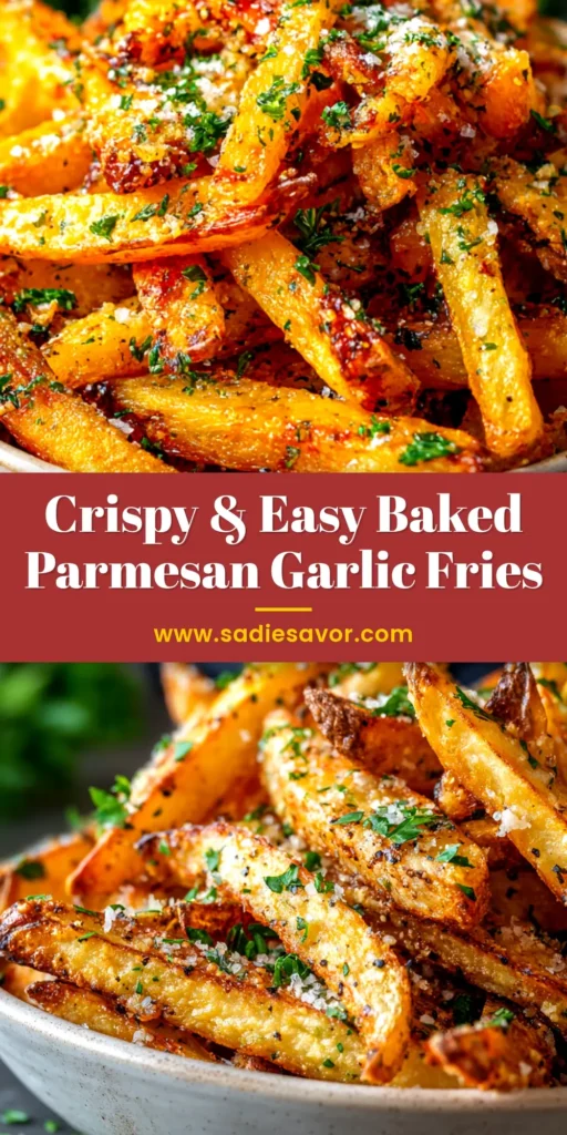 A heaping platter of crispy Baked Parmesan Garlic Fries, golden brown and garnished with fresh parsley. The ultimate recipe for oven-baked fries.