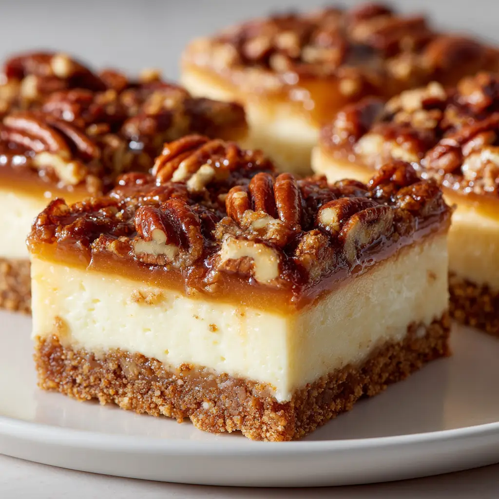 A full 9x13 pan of pecan pie cheesecake bars fresh out of the oven, with the caramel pecan topping bubbling.