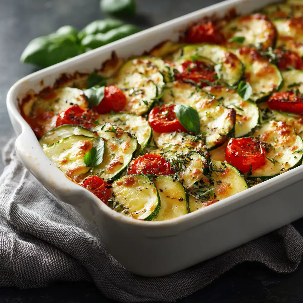 A close-up slice of the baked tomato zucchini coodle on a plate, revealing the delicious layers of vegetables and cheese.