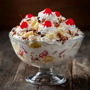 A close-up shot of the ingredients for the fluffy fruit salad, including bananas, strawberries, and mini marshmallows.