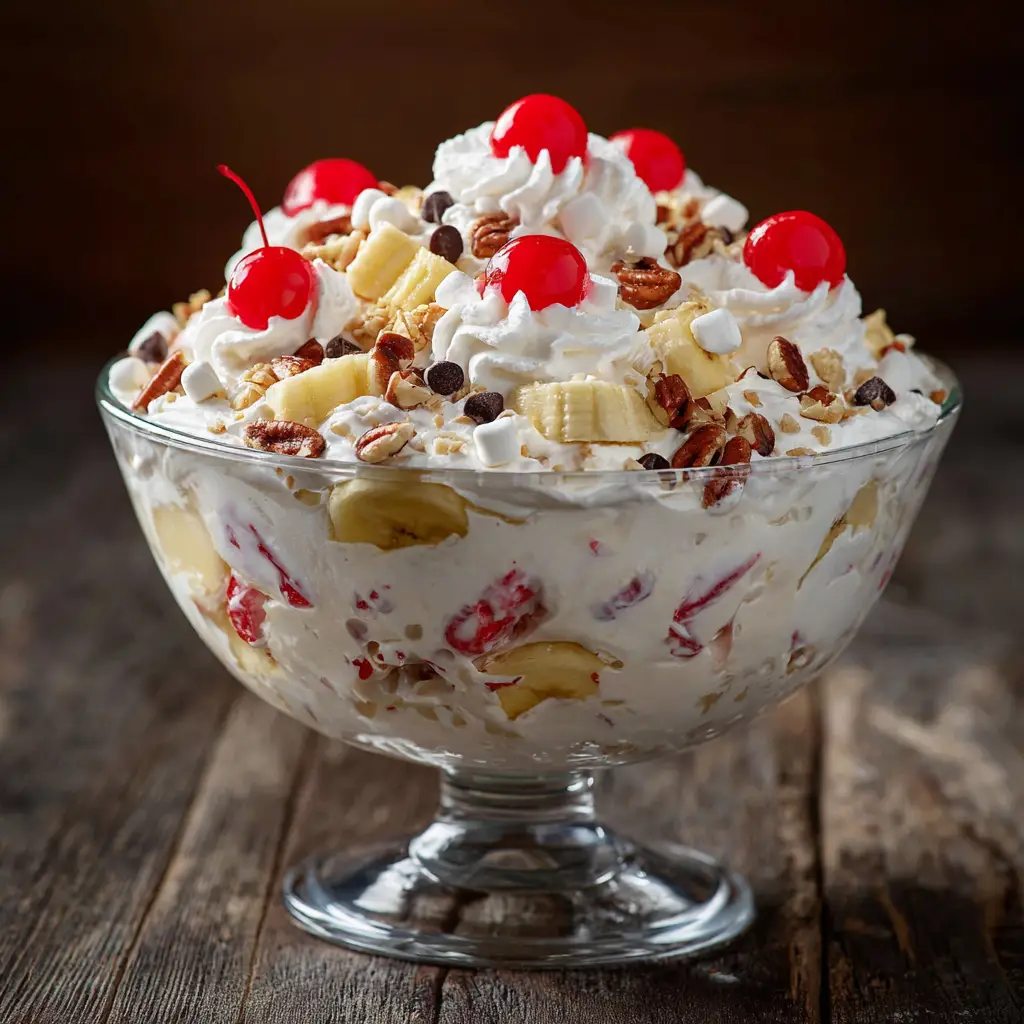 A close-up shot of the ingredients for the fluffy fruit salad, including bananas, strawberries, and mini marshmallows.