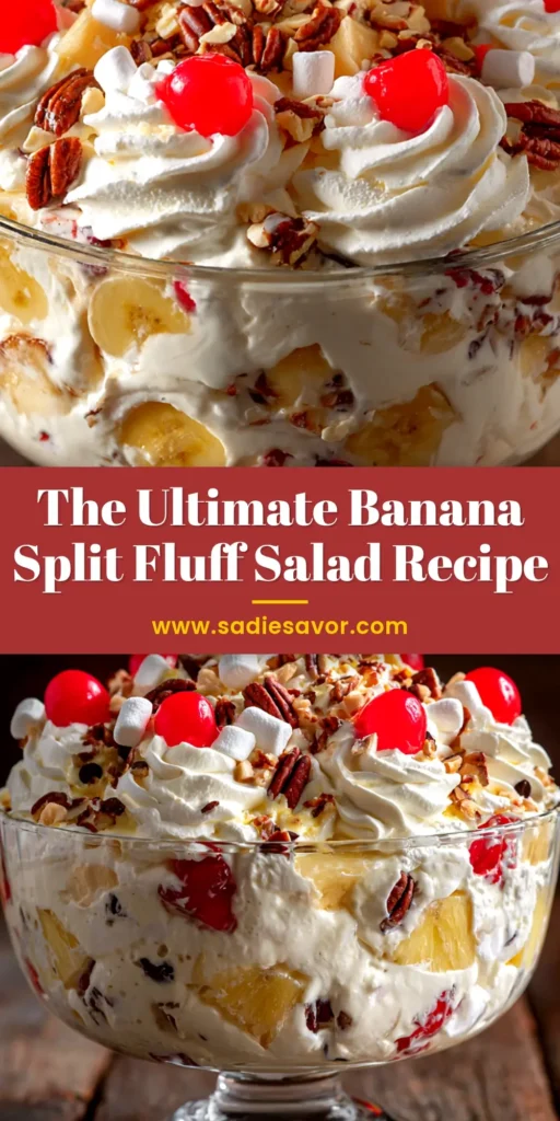 A large glass bowl of Banana Split Fluff Salad topped with pecans and cherries, with a serving spoon scooping some out.