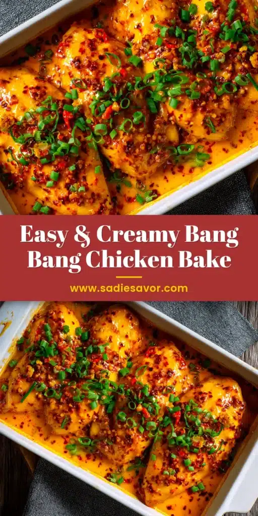 A delicious Bang Bang Chicken Bake in a white baking dish, topped with crispy panko and fresh green onions. The perfect easy and creamy chicken recipe.