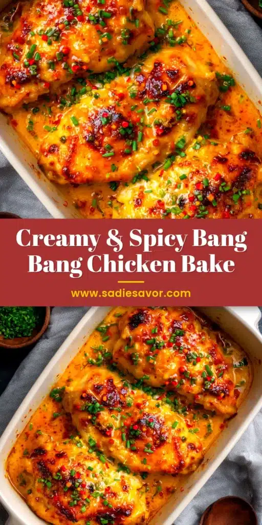 Bang Bang Chicken Bake: A Creamy, Spicy & Easy Recipe 3 An enticing pin image of the finished Bang Bang Chicken Bake in a white casserole dish, garnished with fresh green onions.
