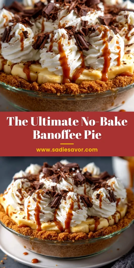 A perfect slice of banoffee pie on a white plate, showcasing layers of biscuit crust, toffee, bananas, and whipped cream. This image illustrates the finished Banoffee Pie Recipe.