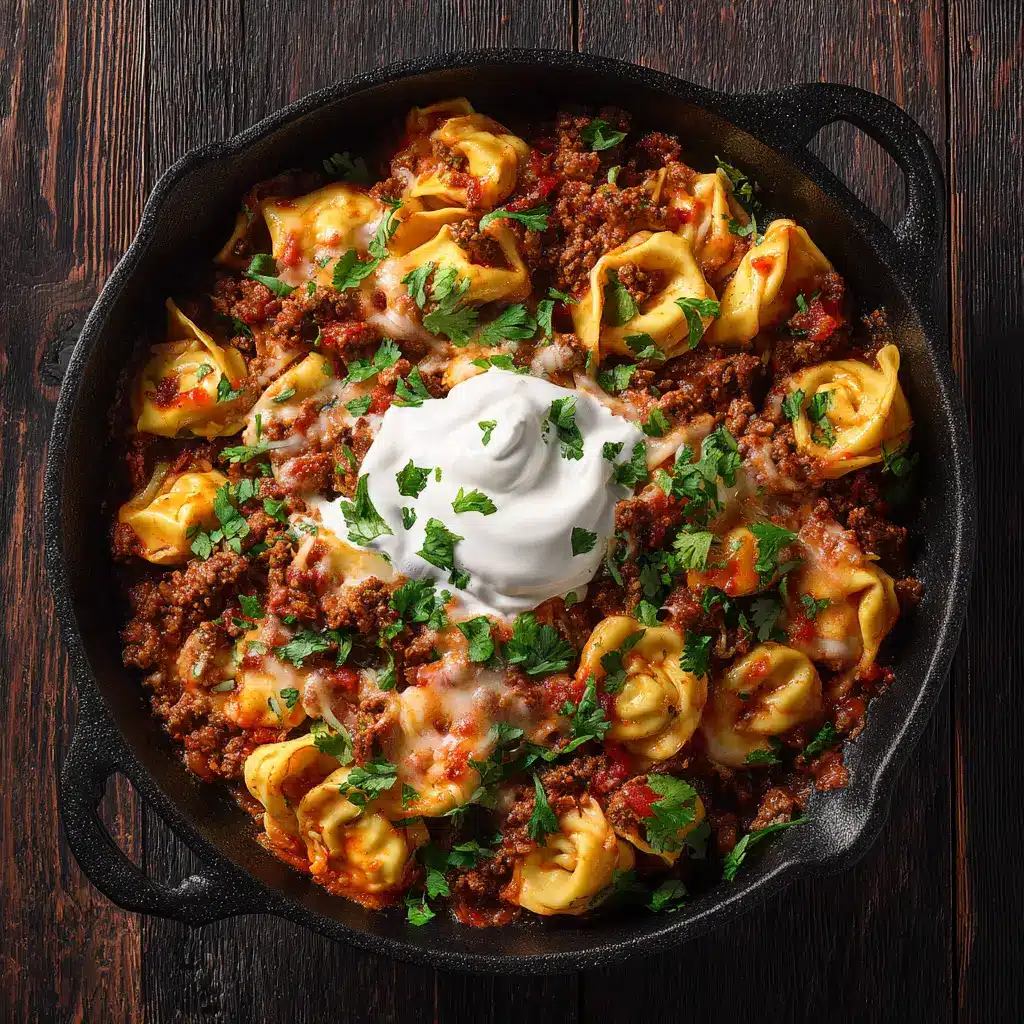 A close-up action shot of a spatula lifting a serving of the enchilada tortellini casserole from the dish, revealing the cheesy, saucy layers inside.
