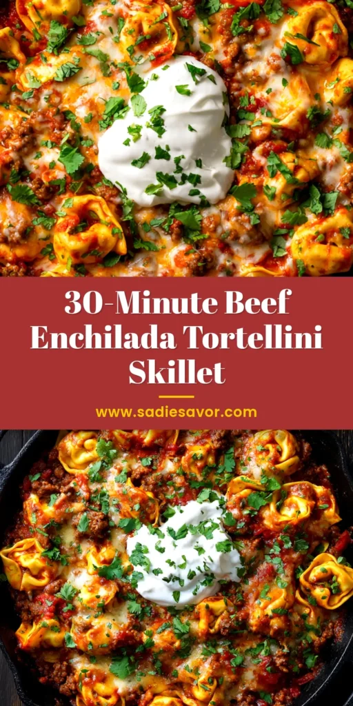 A close-up shot of a serving of beef enchilada tortellini in a white bowl, garnished with fresh cilantro. The cheesy casserole shows layers of tortellini, seasoned beef, and red enchilada sauce.