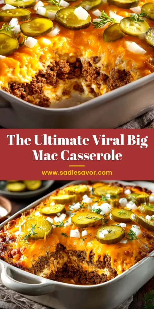 A delicious serving of Big Mac Casserole on a white plate, topped with shredded lettuce, pickles, and special sauce.