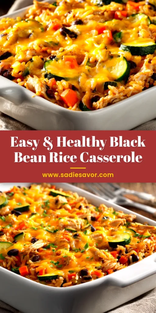 A delicious and cheesy Black Bean and Brown Rice Casserole in a white baking dish, ready to be served. The perfect healthy and easy weeknight dinner recipe.