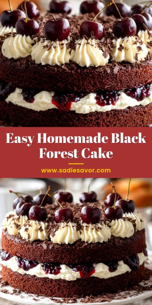 A stunning slice of homemade Black Forest Cake on a white plate, showcasing layers of chocolate sponge, cherry filling, and whipped cream, with the whole cake in the background. A perfect Black Forest Cake recipe.