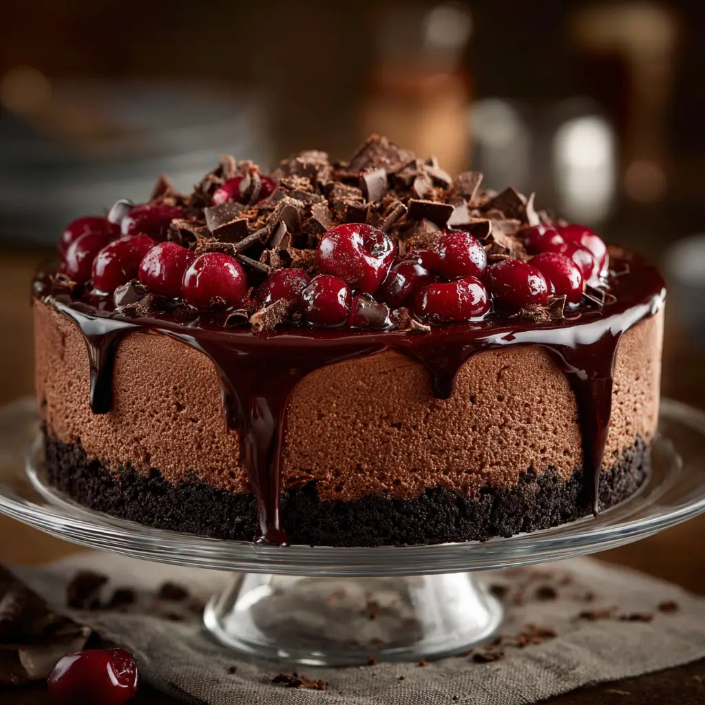 An overhead view of the decadent Black Forest Cheesecake, highlighting the rich, dark chocolate color and the vibrant red of the homemade cherry topping.