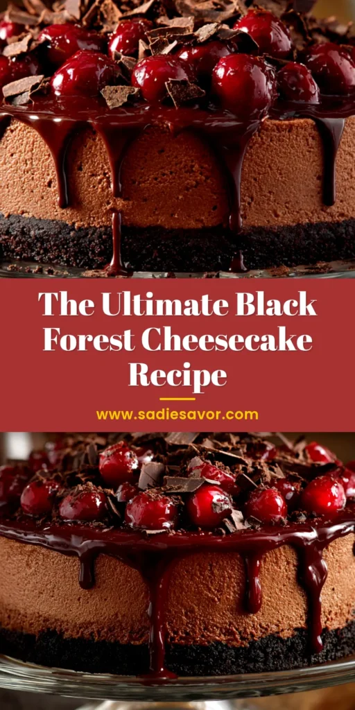 A stunning slice of Black Forest Cheesecake Recipe on a plate, featuring a dark Oreo crust, creamy chocolate filling, and a vibrant cherry topping with chocolate shavings.
