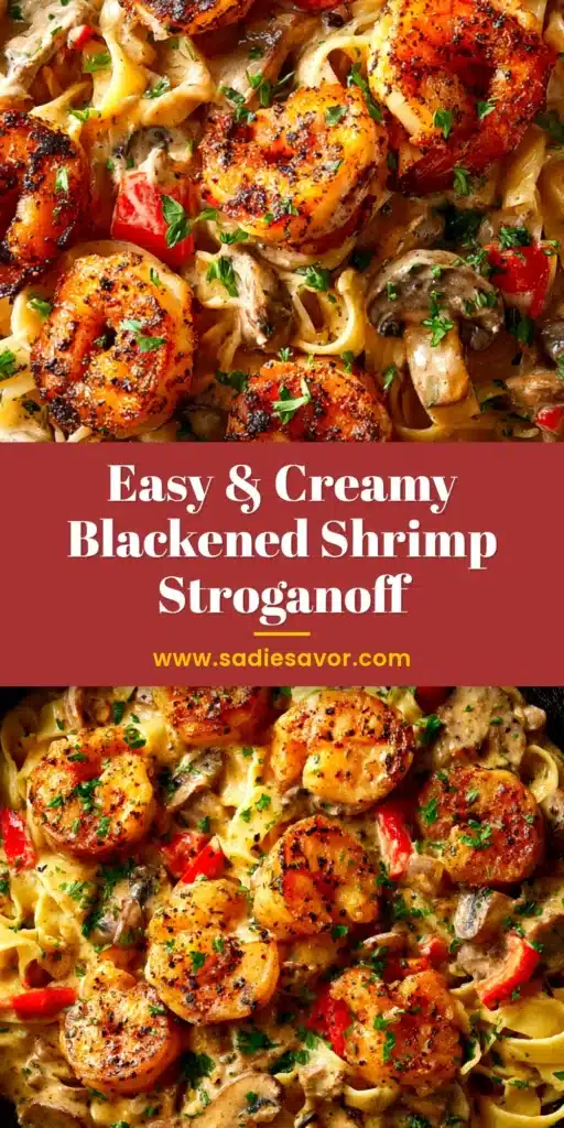 A delicious bowl of Blackened Shrimp Stroganoff served over egg noodles, garnished with fresh parsley. The creamy sauce and perfectly spiced shrimp are visible.
