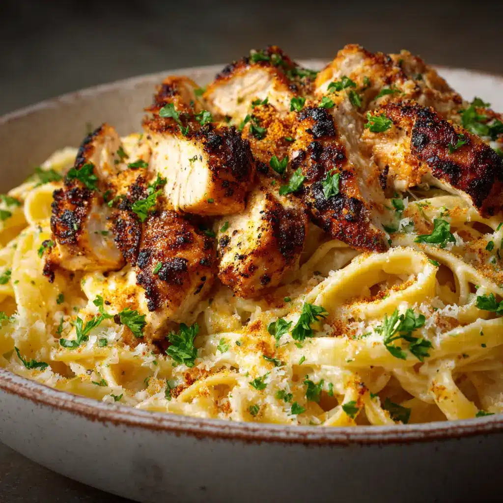 A rustic bowl of finished chicken garlic parmesan pasta, showcasing tender chicken pieces and a garnish of fresh parsley.