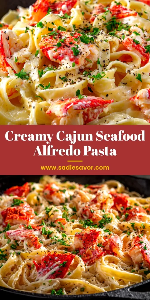 A close-up shot of creamy Cajun Seafood Alfredo in a dark bowl, garnished with fresh parsley and showing tender shrimp and scallops mixed with fettuccine.