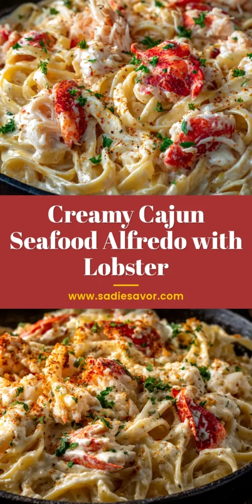 A top-down shot of creamy Cajun Seafood Alfredo in a white bowl. The pasta is tossed with shrimp and crab, garnished with parsley, and ready to be shared on Pinterest.