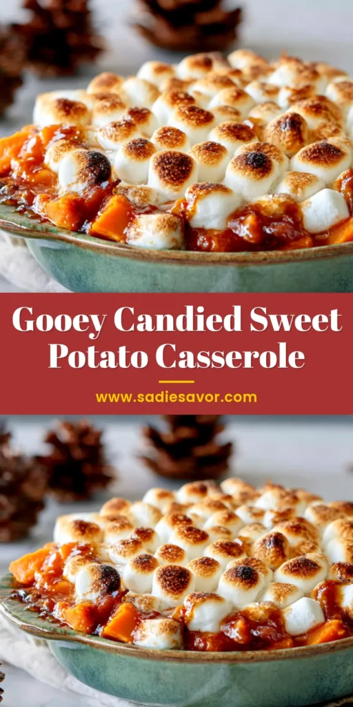 A serving of Candied Sweet Potato Casserole with a crunchy pecan topping being lifted from a white casserole dish, showcasing its creamy texture.