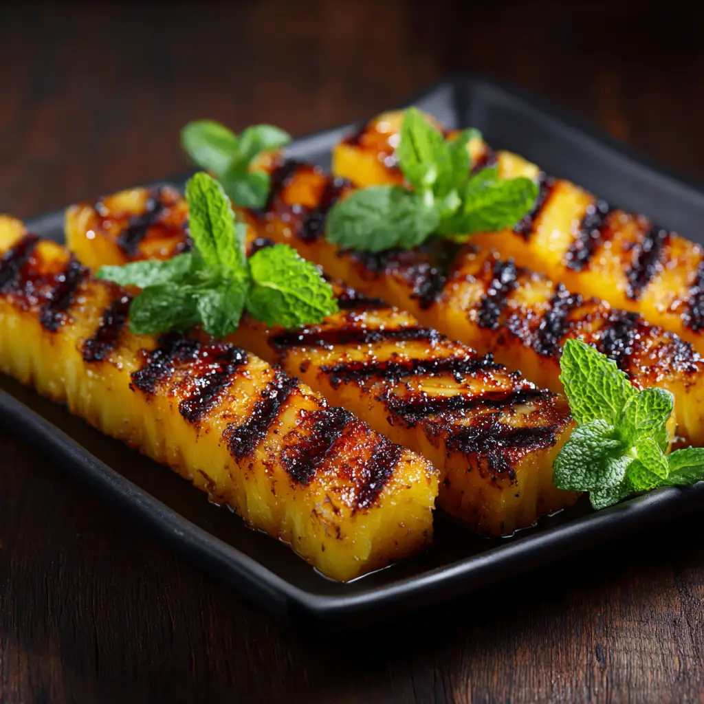 A close-up shot of caramelized grilled pineapple slices showcasing their juicy texture and beautiful grill marks from the brown sugar glaze.