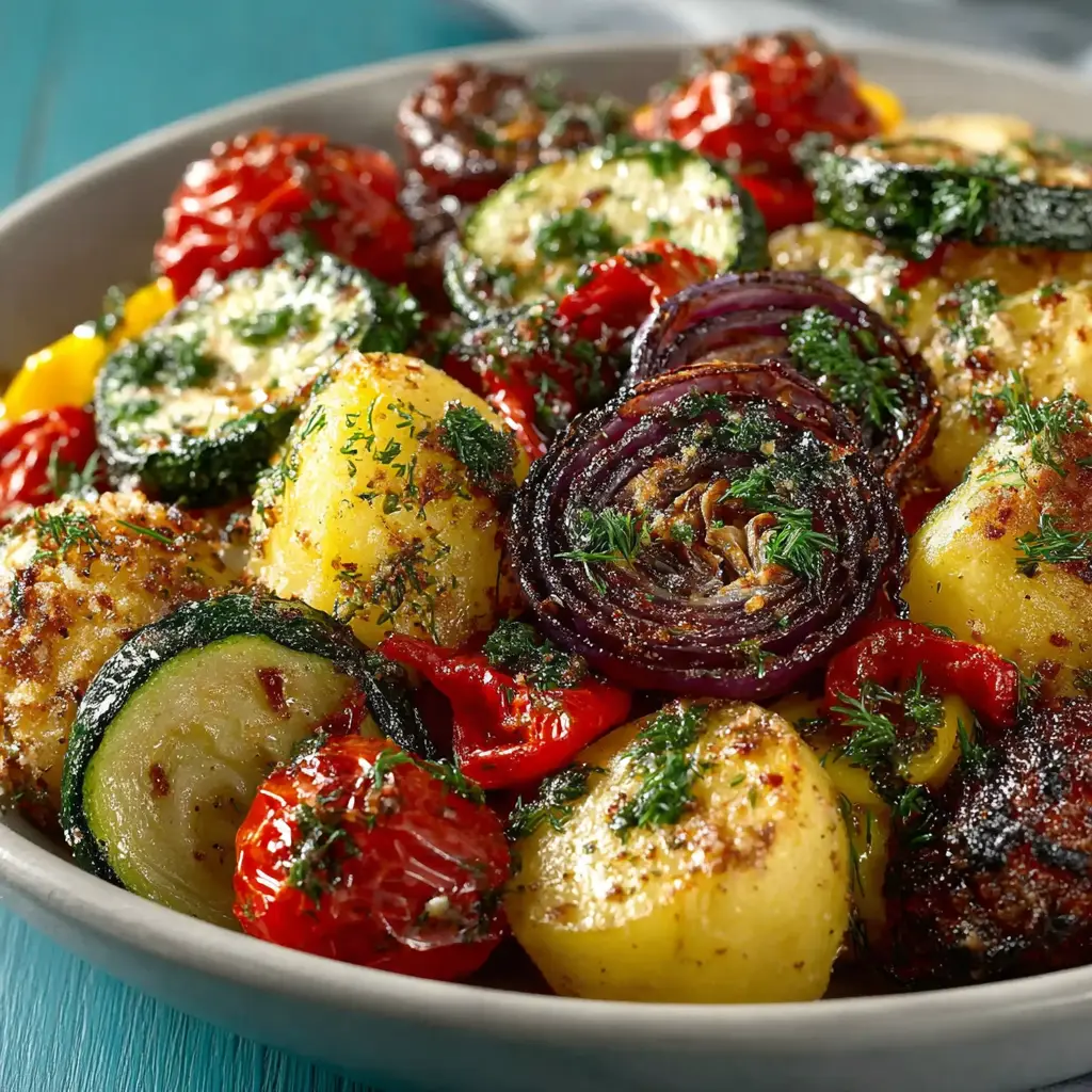 A detailed close-up of oven-roasted vegetables on a baking sheet, showing the caramelized edges of the zucchini, peppers, and onions. This highlights the perfect texture of the finished dish.