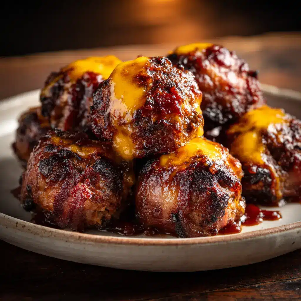 A platter of juicy, cheese-stuffed BBQ bacon bombs ready to be served. The bacon is perfectly crispy and glazed.