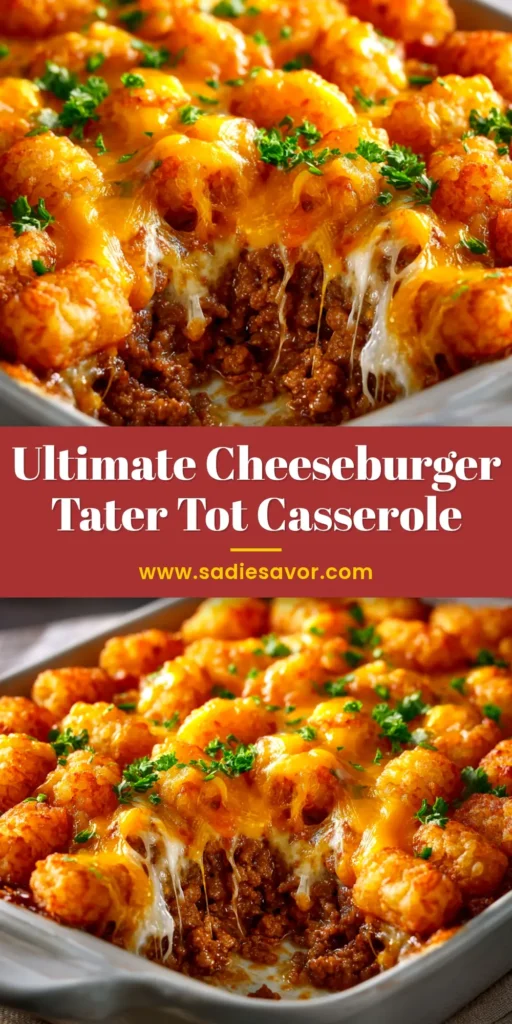 A golden-brown baked Cheeseburger Tater Tot Casserole in a white baking dish, with a slice taken out to show the cheesy ground beef filling.