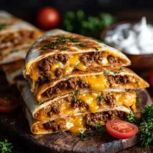 A close-up shot of a stack of cheesy beef quesadillas, made in the smashburger style with a crispy crust on the ground beef.